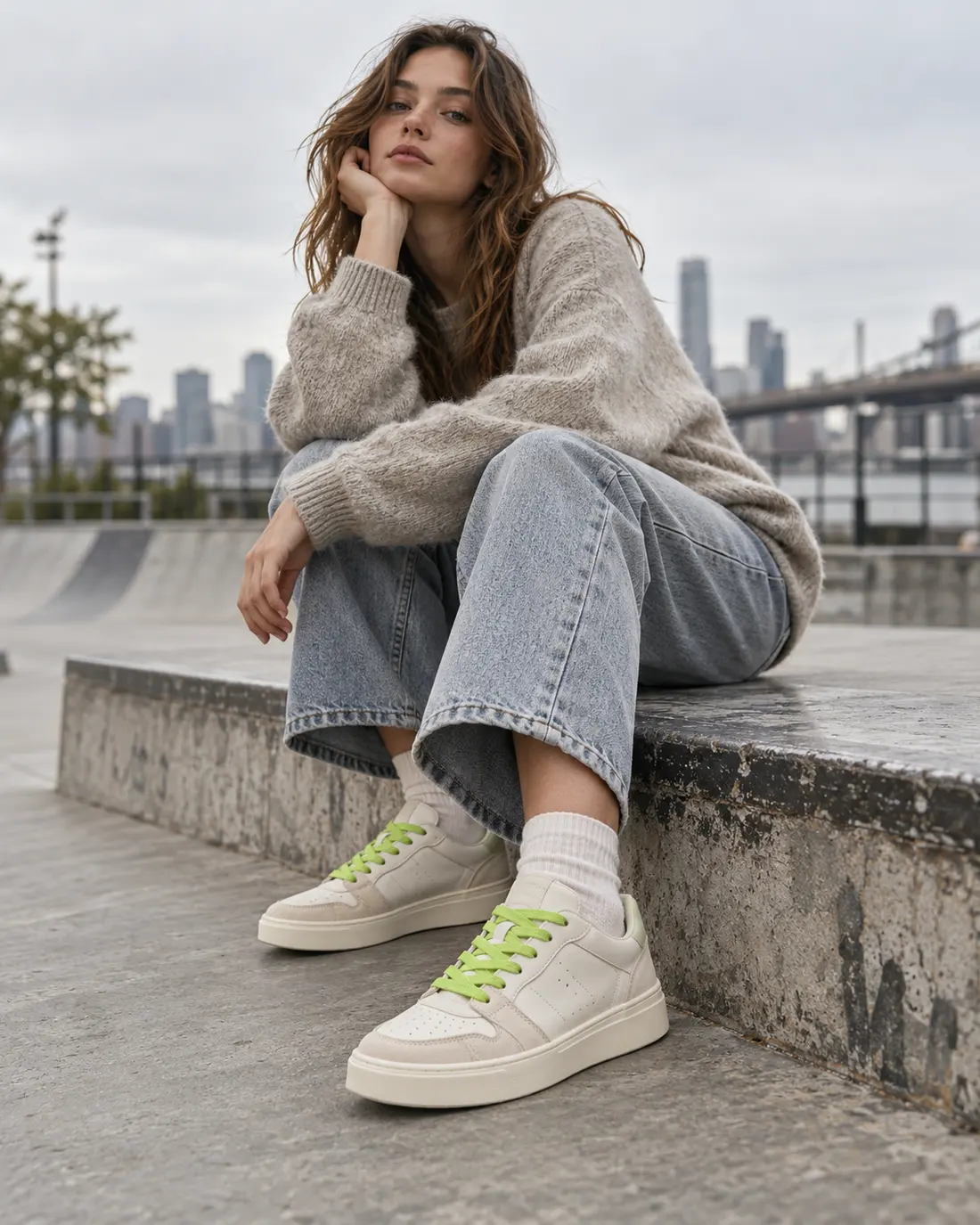 Woman sitting on a concrete skate ledge in off-white sneakers with lime laces