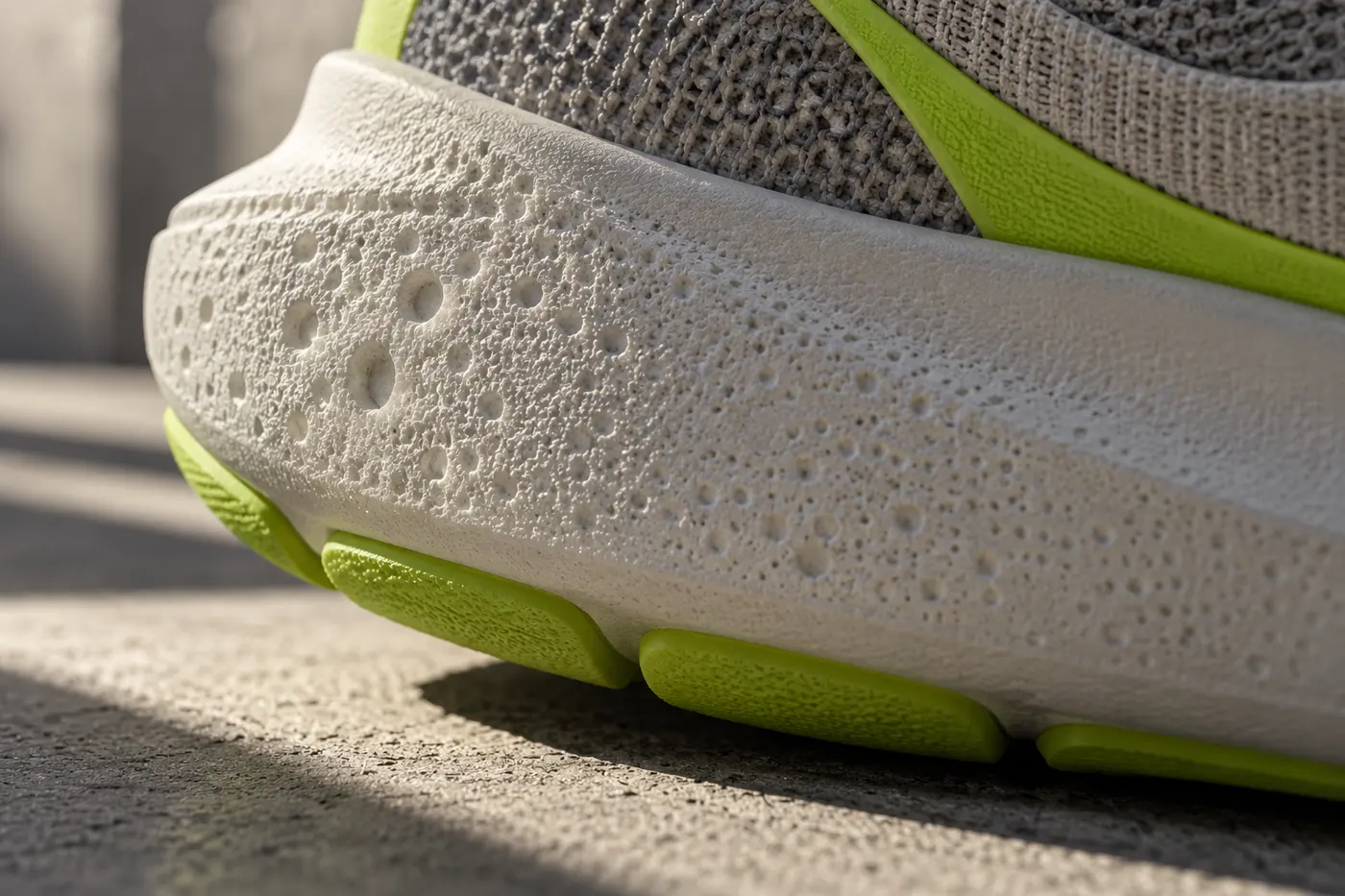 Close-up of a sneaker midsole's foam texture with tiny pores