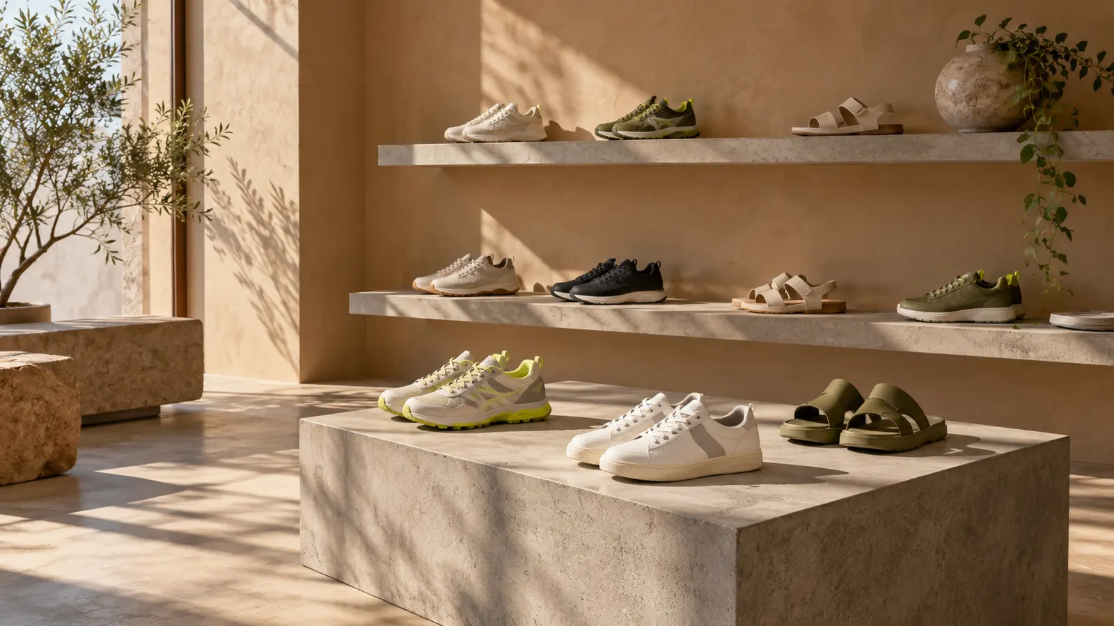 Imprint House interior with shoes on floating shelves and concrete plinths