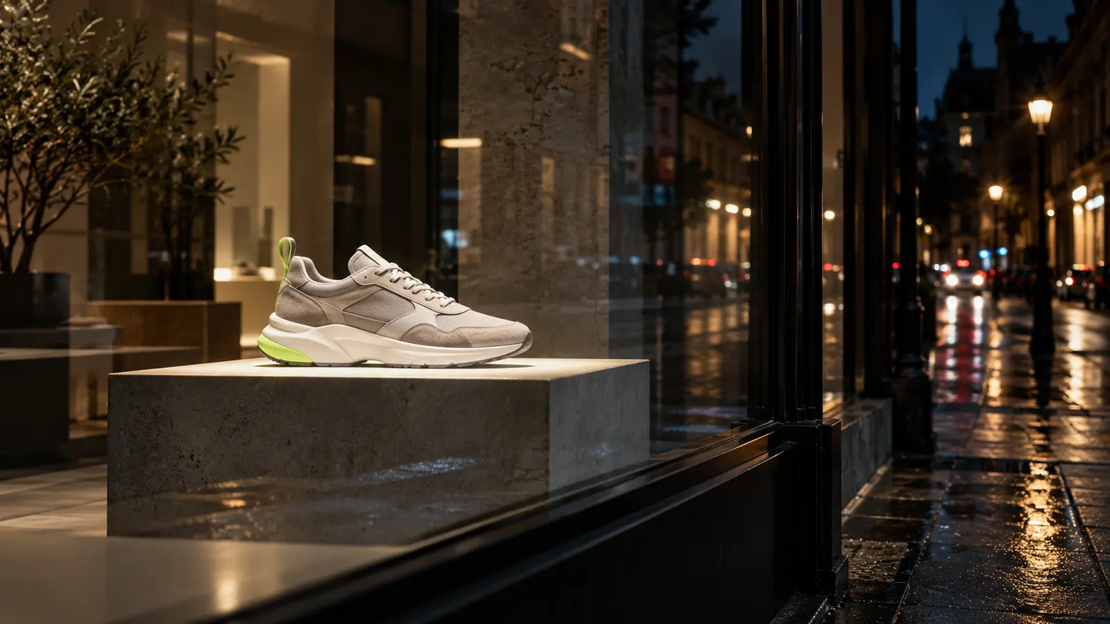 Imprint House window at night with one sneaker lit on a plinth